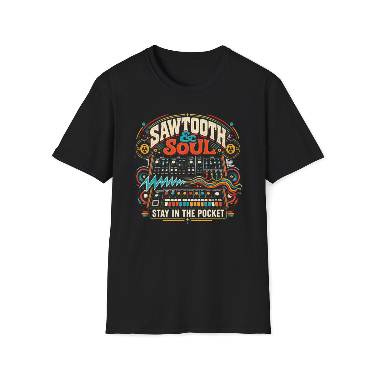 Sawtooth & Soul “Stay in the Pocket” Retro Synthesizer T-Shirt | Vintage Funk, Soul & Electronic Music Tee