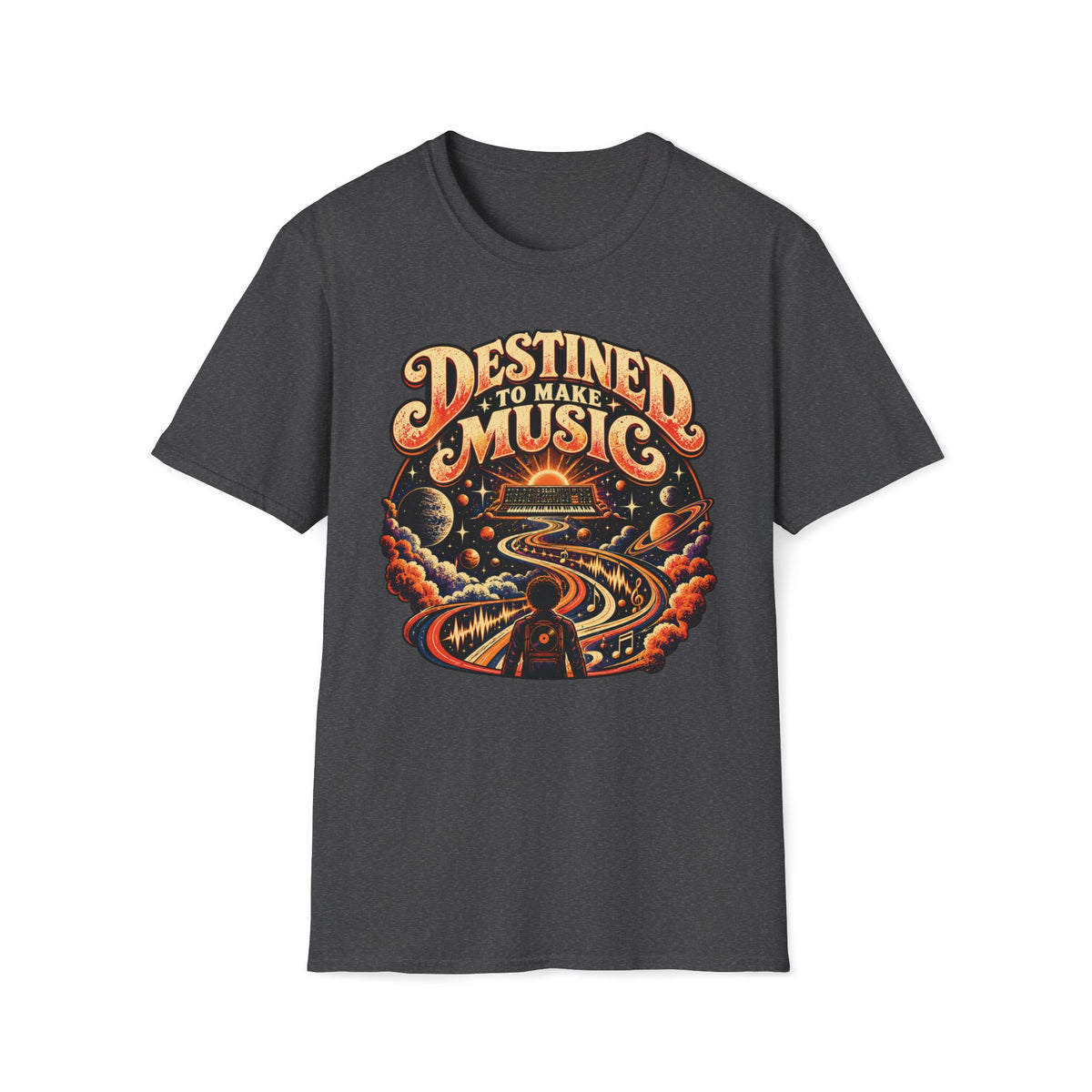 Dark heather gray Destined to Make Music T-shirt with a cosmic music scene with a synthesizer.