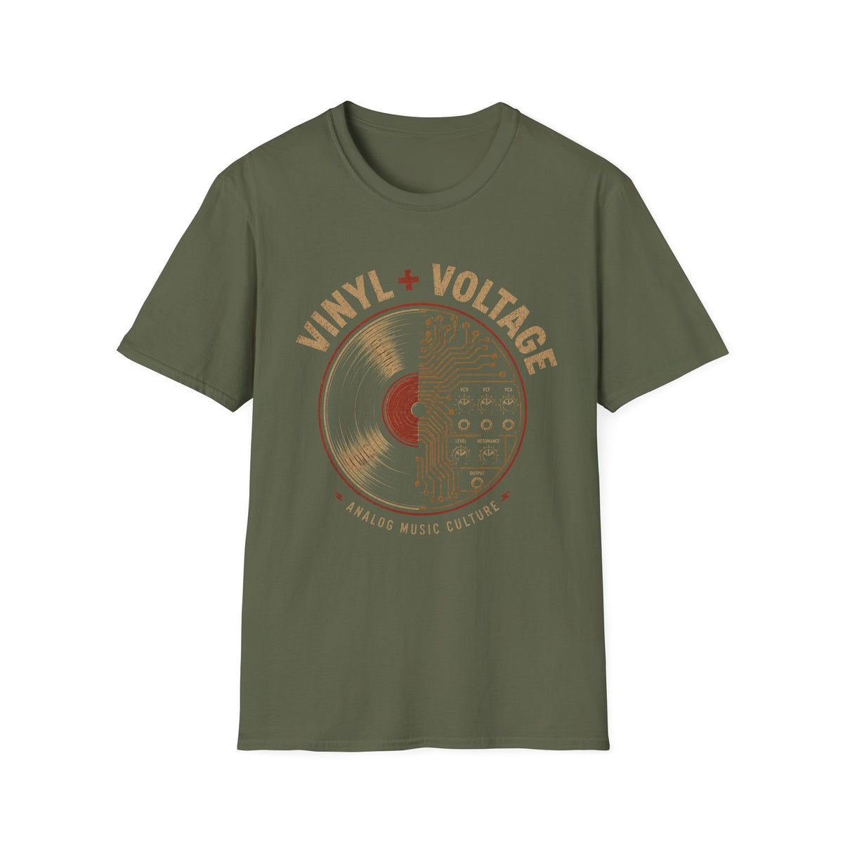 Military green Vinyl + Voltage T-shirt with a vinyl record merged with synthesizer circuitry.