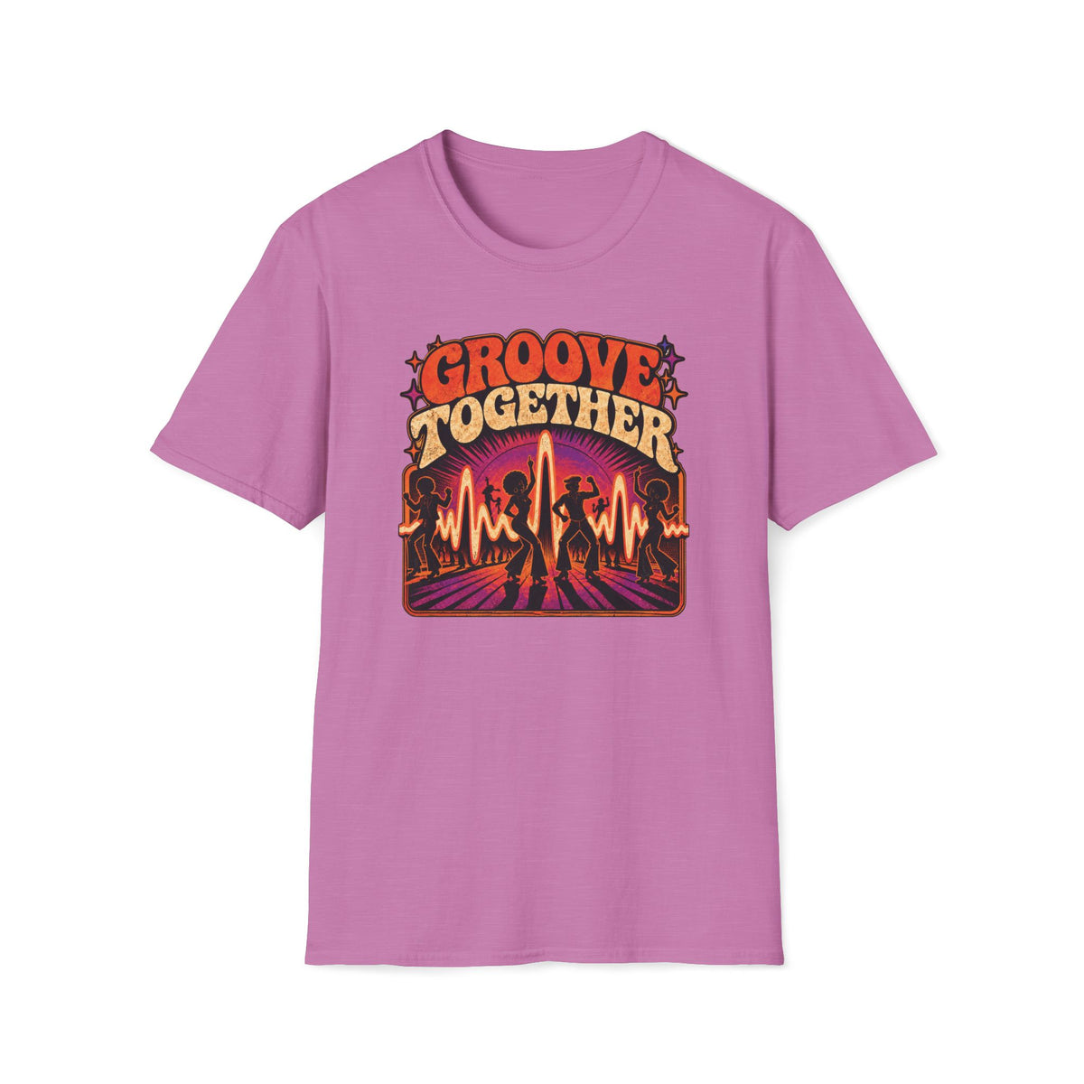 Heather radiant orchid Groove Together T-shirt with dancers, a glowing waveform, and a radiating dance floor.