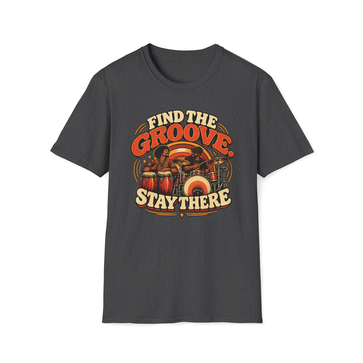 Dark heather gray Find the Groove Stay There T-shirt with a conga player and drummer sharing a striped backdrop.