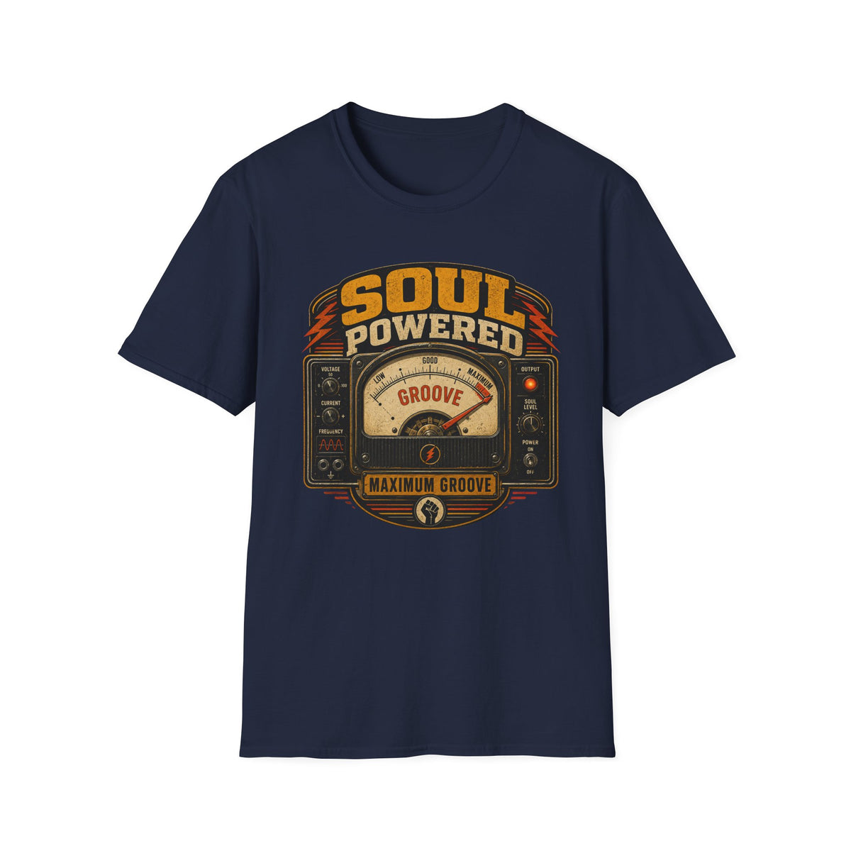 Navy Soul Powered T-shirt with a vintage analog meter marked Maximum Groove.