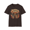 Dark brown Destined to Make Music T-shirt with a cosmic music scene with a synthesizer.