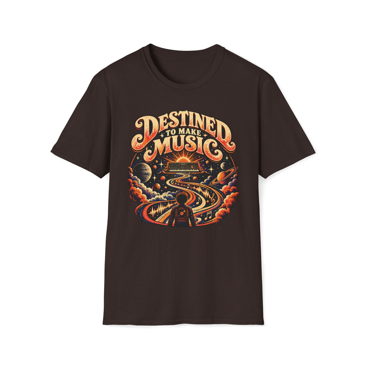 Dark brown Destined to Make Music T-shirt with a cosmic music scene with a synthesizer.
