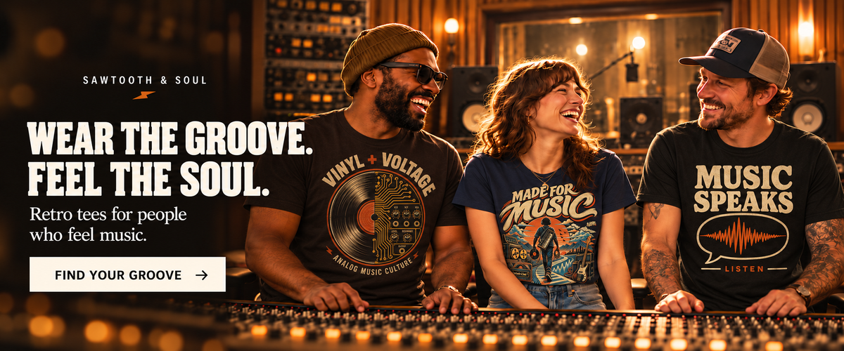 Sawtooth & Soul: Wear the Groove. Feel the Soul. Music lovers in a recording studio wearing Vinyl + Voltage, Made for Music, and Music Speaks tees. Find Your Groove.